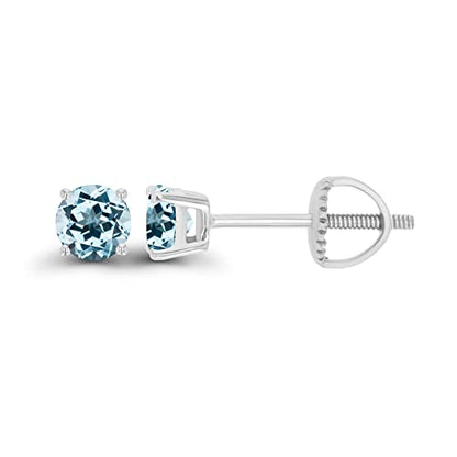 14K Gold Plated 925 Sterling Silver Hypoallergenic 4mm Round Genuine Birthstone Solitaire Screwback Stud Earrings - color: Blue Topaz-Sky Blue Topaz
