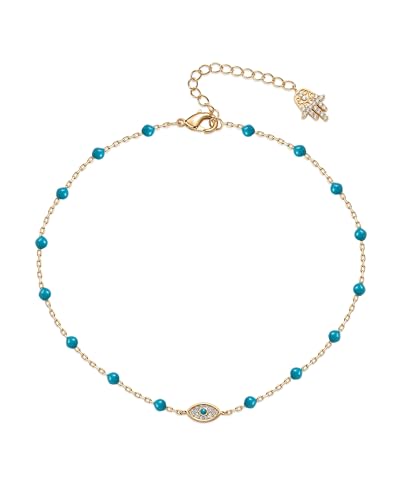 PAVOI 14K Gold Plated Anklet for Women - Trendy Link Chain Ankle Bracelet Summer Jewelry - Boho Dainty Anklets with Cubic Zirconia, Beaded, Evil Eye, Star, Station, Pearls Adjustable Gold Jewelry - style: Evil Eye
