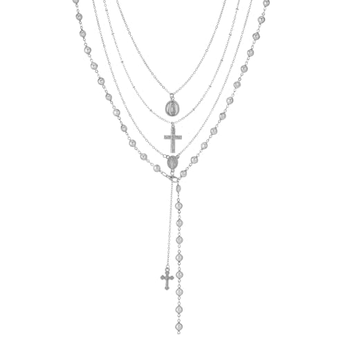 KURTCB Rhinestone Necklace for Women Boho Long Y Lariat Gold Necklace Stack Colorful Summer Beach Jewelry - color: Silver Pearl Cross