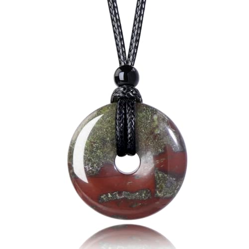 Anjiucc Natural Gemstone Pendant Necklce Lucky Coin Crystal Necklace Donut Pendnat with Adjustable Rope Healing Crystal for Men - color: Dragon Blood Stone
