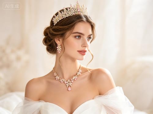 Kamirola Tiaras and Crowns for Women,Tiaras Earrings Necklace, Crystal Bridal Jewelry Set, Costume Jewelry for Women Party Halloween Prom Pageant - color: Gream Pink