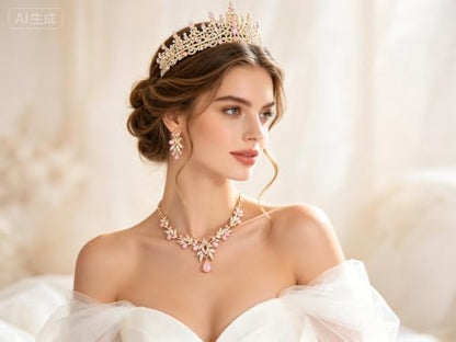 Kamirola Tiaras and Crowns for Women,Tiaras Earrings Necklace, Crystal Bridal Jewelry Set, Costume Jewelry for Women Party Halloween Prom Pageant - color: Gream Pink