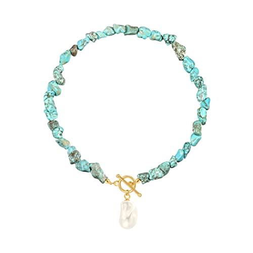 18k Gold Plated Chain Link Necklace for Women, Baroque Pearl/Compass Pendant Necklace - color: Turquoise Baroque
