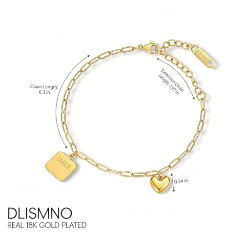 18K Gold Plated Paperclip Link Chain Bracelet with Charms, Gift with a Box - color: Heart and Smile
