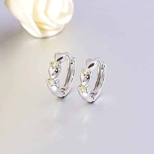 CiNily 14K White Gold Plated Small Hoop Earrings for Women Girls Heart Cubic Zirconia Hypoallergenic Earrings - color: Silver-light yellow