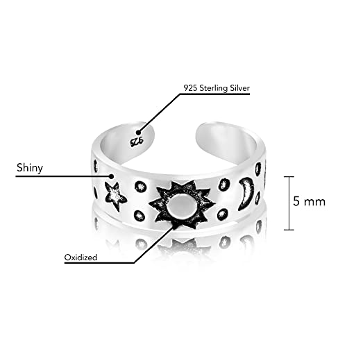 AeraVida .925 Sterling Silver Adjustable Toe Ring or Pinky Ring 5mm Wide Open Band, Stackable Minimalist Summer Foot Jewelry | Sun Moon Star Turtle Butterfly Leaf Olive Branch Ocean Wave Yin Yang Design - style: Celestial Sky 2