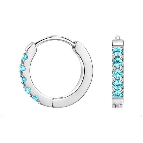 Birthstone Huggie Hoop Earrings for Women, Cubic Zirconia Small Hoops | 316L Surgical Steel, 18K Gold or Silver, 6-10mm, Hypoallergenic Waterproof, Cartilage Piercing, Birthday Gift - color: 03 MAR. Aquamarine - Silver, size: 9mm