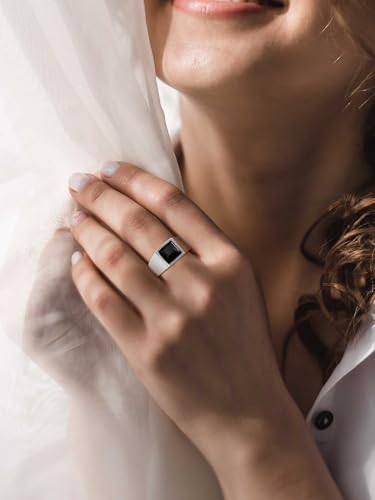 KeyStyle Square Gemstone Signet Rings for Men, Personalized Stainless Steel Pinky Ring with Black Onxy Blue Topaz Birthstone Statement Ring - color: 316L Stainless Steel-Black Onyx-8mm