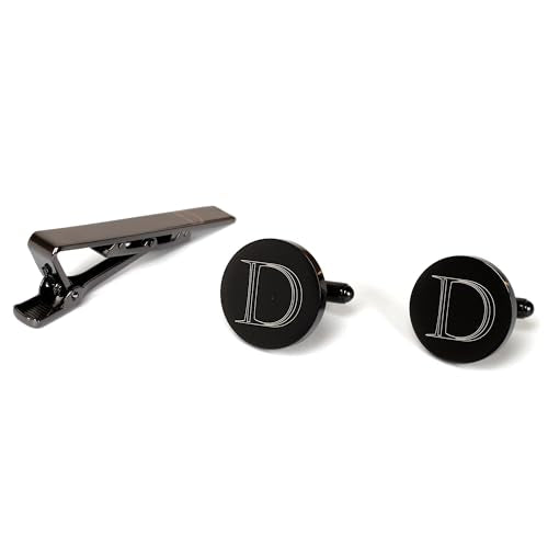 Mens Initial Cufflinks and Tie Clip A-Z Alphabet Letter Black Stainless Cuff Links Tie Bar with Engraved Walnut Wood Box Groom Groomsman Wedding Set - style: Classic-D