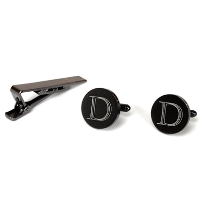 Mens Initial Cufflinks and Tie Clip A-Z Alphabet Letter Black Stainless Cuff Links Tie Bar with Engraved Walnut Wood Box Groom Groomsman Wedding Set - style: Classic-D