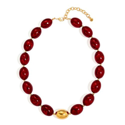 Chunky Beads Necklace for Women Trendy Gold Puffy Heart Choker Necklace Colorful Resin Beaded Heart Pendant Necklaces Statement Jewelry - color: Oval Beads-Dark Red