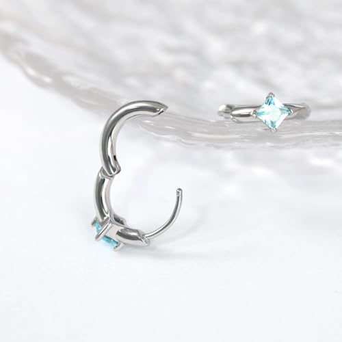 316L Surgical Steel Birthstone Hoop Earrings for Women | Lightweight, 5A Cubic Zirconia, Hypoallergenic, Lead & Nickel Free, 8mm Huggie Hoops - color: Silver: 03. March (Aquamarine)