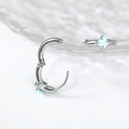 316L Surgical Steel Birthstone Hoop Earrings for Women | Lightweight, 5A Cubic Zirconia, Hypoallergenic, Lead & Nickel Free, 8mm Huggie Hoops - color: Silver: 03. March (Aquamarine)