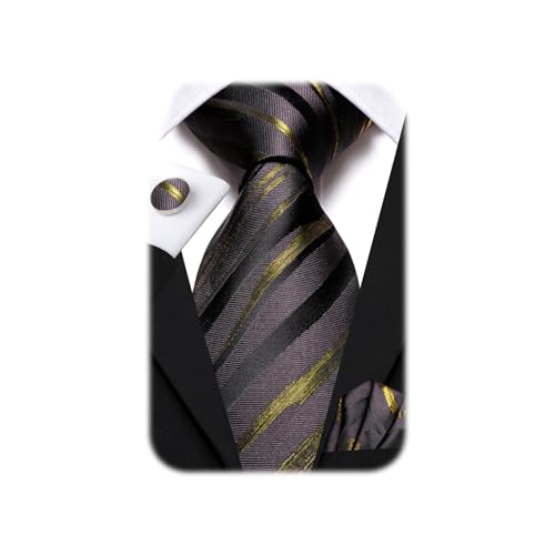 Dubulle Mens Paisley Striped Tie Woven Necktie for Men and Handkerchief Cufflinks Set Wedding Formal Business - color: Black Grey Gold