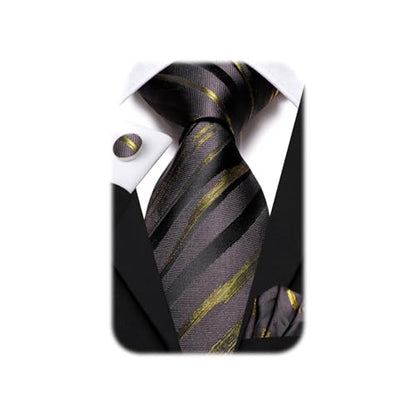 Dubulle Mens Paisley Striped Tie Woven Necktie for Men and Handkerchief Cufflinks Set Wedding Formal Business - color: Black Grey Gold