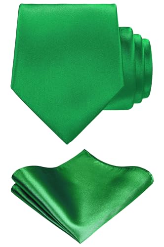 TIE G Solid Satin Woven dyed Color Formal Black Necktie and Pocket Square Sets in Gift Box - color: Emerald Green