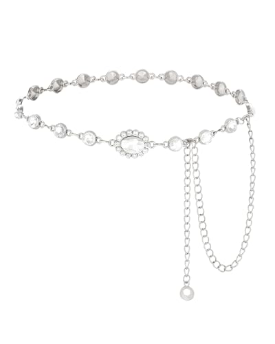 WELROG Metal Waist Chain Belt for Women - Pearls Gold Silver Chain Belts for Dresses Jeans - color: Round Rhinestone(Sliver)