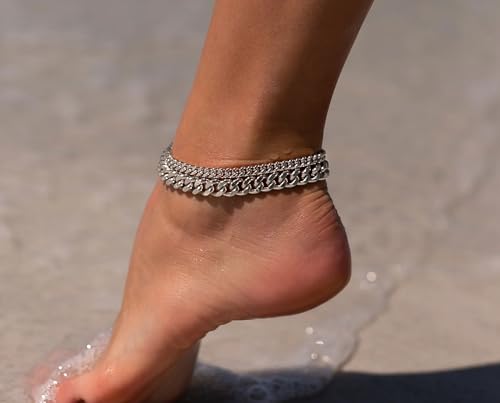 Foxgirl Gold Ankle Bracelets for Women 14K Gold Plated/Silver Anklets for Women Waterproof Minimalist Cuban Link Anklets Set Dainty Layered Ankle Bracelets Anklets for Women Gold Anklet Jewelry Gifts - style: Silver