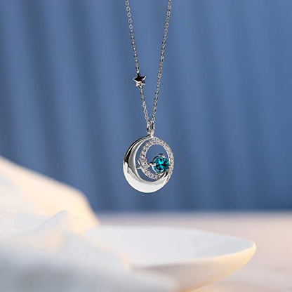 FANCIME Birthstone Necklaces 925 Sterling Silver Moon and Star Pendant Fine Jewelry Birthday Mothers Day Gifts for Mom Wife Her Daughter, Adjustable Chain 16+2" - color: Dec.- London Blue Topaz