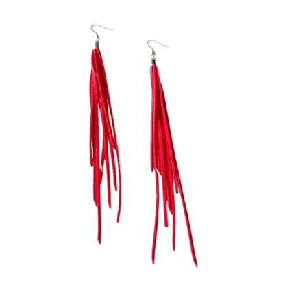 Leather Tassel Earrings Bohemian Tassel Fringe Dangle Earrings Boho Handmade Leather Feather Long Tassel Earrings Western Jewelry for Women - color: Red