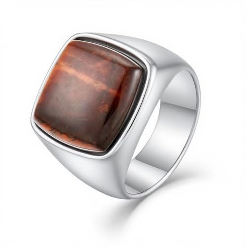 Men's Tiger Eye Square Signet Ring Stainless Steel Thumb Rings with Natural Stone for Men Jewelry Gift for Him, Size 7-12 - color: 05,Silver-tiger eye