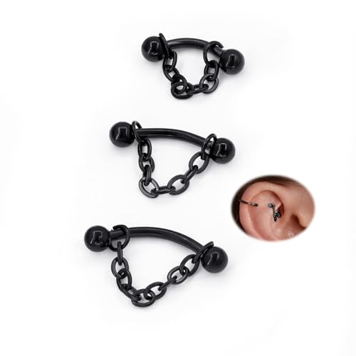 3 Pcs 316L Stainless Steel 16G Tragus Helix Rook Piercing Jewelry with Chain, Cartilage Earrings for Women, Belly Button Ring Vertical Labret Lip Piercing Jewelry - color: Black, size: Ball