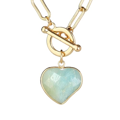 14K Gold Plated Two Sides Carved Stone Heart Shape Necklace for Women Love Pendant Necklace Jewelry for Daily and Gifts - color: Amazonite
