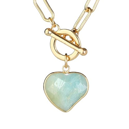 14K Gold Plated Two Sides Carved Stone Heart Shape Necklace for Women Love Pendant Necklace Jewelry for Daily and Gifts - color: Amazonite