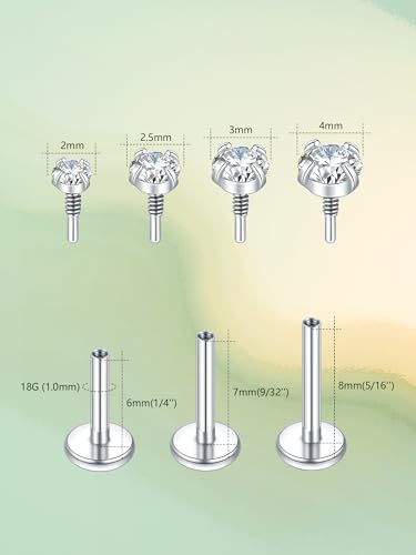 Oveta 16G 18G Flat Back Studs Earrings for Tragus Cartilage Piercing Jewelry, Surgical Steel Nose Rings Hoops 6/8/10mm, Silver/Gold - color: Silver, size: 18g*6/7/8mm bar
