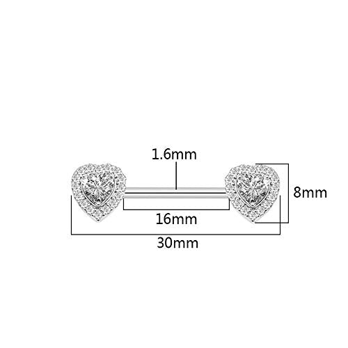 HQLA 14G Dainty CZ Love Heart Nipple Rings Tongue Ring Surgical Steel Nipple rings Piercing Women Barbells 2Pcs 25/8"(16mm) - style: Gold Tone