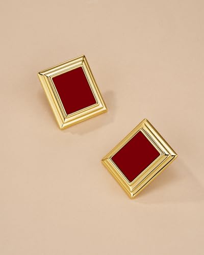 18K Gold Plated Burgundy Maroon Black Large Chunky Thin Ribbed Chamfered Square Geometric Dangle Stud Statement Earrings for Women by SNGIA , Big Tropical Button Bohemian Handmade Trendy Baroque Enamel Vacation Summer Chandelier Drop Jewelry Gifts, Rectan