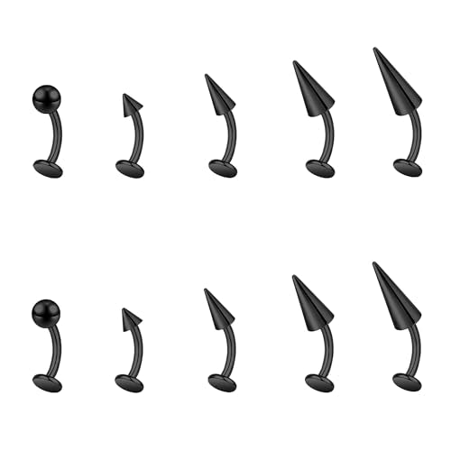 ZS 16G Devil Curved Barbell Lip Ring, Stainless Steel 6/8/10/12mm Long Bar Belly Button Ring, Flat Back Tiger Teeth Vertical Labret Lip Rook Navel Piercing Jewelry - color: Black, size: L:8mm