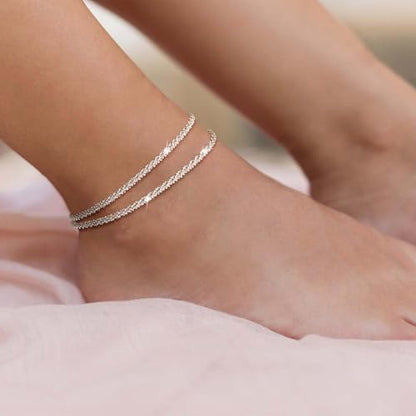 Robaice Ankle Bracelets for Women, 14K Gold Plated/Silver Layered Anklets | Waterproof Adjustable Anklet for Women, Summer Beach Anklet, Glitter Jewelry for Women Gifts - color: Silver