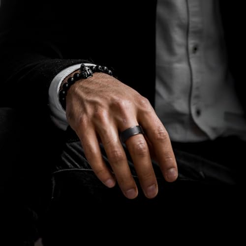 King Will Mens Brushed Wedding Band, Two Tone Matte Step Edges/Pipe Cut, Tungsten Carbide Anniversary Promise Rings Comfort Fit - color: Black Pipe Cut-10mm