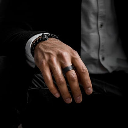 King Will Mens Brushed Wedding Band, Two Tone Matte Step Edges/Pipe Cut, Tungsten Carbide Anniversary Promise Rings Comfort Fit - color: Black Pipe Cut-10mm