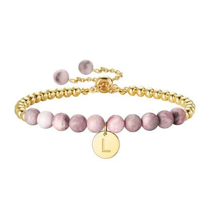 Ritach Initial Bracelets for Girls Kids - Pink Zebra Natural Stone Disc/Heart Initial Bracelet Adjustable Gold/Silver Beaded Bracelets for Girls Kids Teen Girl Jewelry Birthday Gifts - color: L-Gold