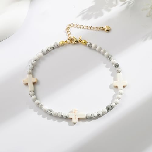 Starain Stone Beaded Anklets for Women Handmade Beach Turquoise Beads Ankle Bracelet Trendy Boho Cross Bead Anklet Jewelry 8 inch Adjustable - color: B