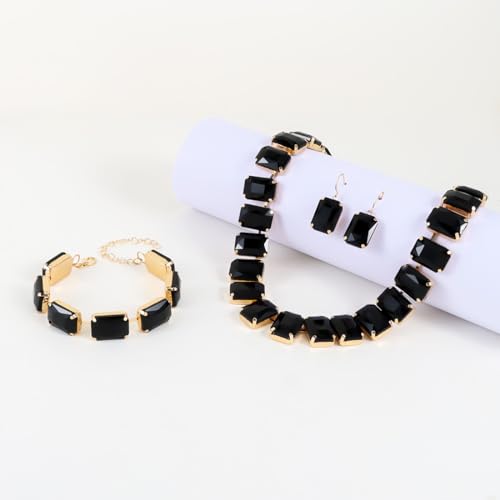 KOSMOS-LI Rectangle Faux Crystal Jewelry Sets Includ Necklace Bracelet Earrings For Women Stocking Stuffers - color: black