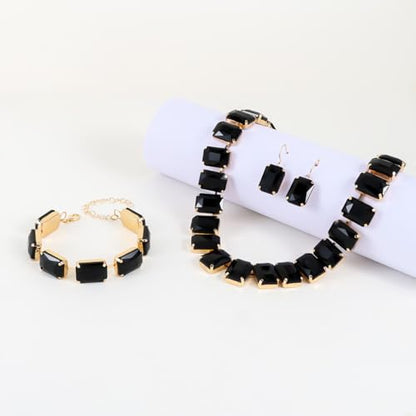KOSMOS-LI Rectangle Faux Crystal Jewelry Sets Includ Necklace Bracelet Earrings For Women Stocking Stuffers - color: black