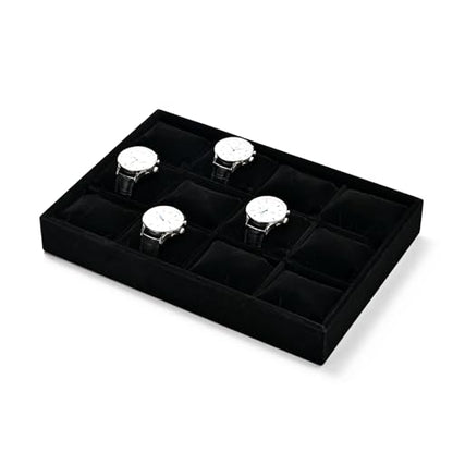 Black Velvet 12-Slot Watch Pillow Storage Tray | Soft black velvet 12-slot organizer tray with removable pillows, stackable, for drawer storage & retail jewelry display - size: 12 Grid with Pillow