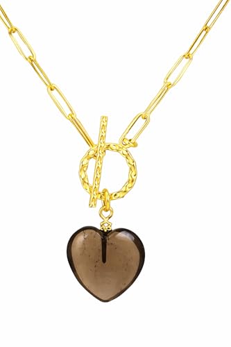 Gempires Gemstone Heart Pendant Necklace for Women, Gold Toggle Birthstone | Handmade gemstone heart pendant necklace — choose from 11 stones and birthstones, gold toggle paperclip chain. - color: Smoky Quartz