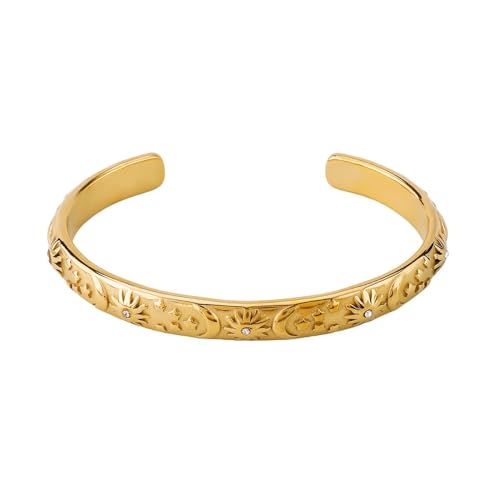 Embossed Moon Star Sun Bangle Cuff Bracelet for Women Fashion CZ Insected Celestial Open Adjustable Statement Bracelets Lightweight Boho Wrist Wrap Dress Accessories Jewelry Gift - color: Gold-Tone
