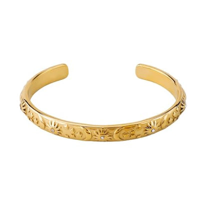 Embossed Moon Star Sun Bangle Cuff Bracelet for Women Fashion CZ Insected Celestial Open Adjustable Statement Bracelets Lightweight Boho Wrist Wrap Dress Accessories Jewelry Gift - color: Gold-Tone