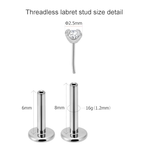 20g/18g/16g Titanium Press Fit Threadless Push in Labret Stud