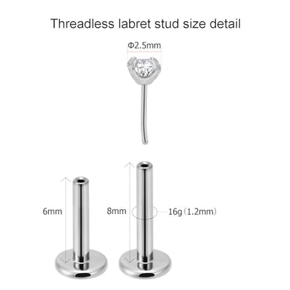 20g/18g/16g Titanium Press Fit Threadless Push in Labret Stud