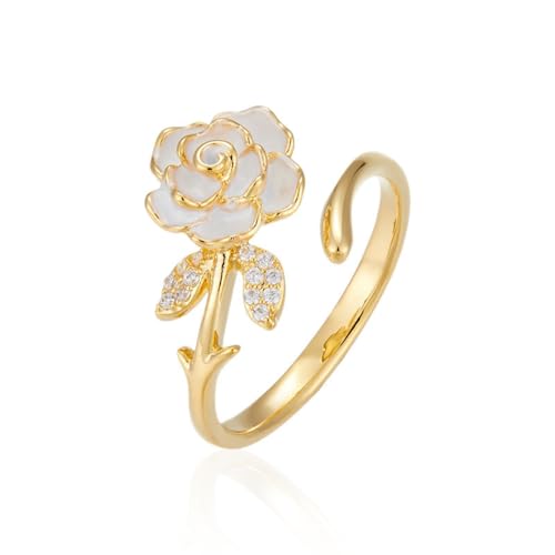 Elegant Cz Camellia Adjustable Open Band Statement Ring for Women Gold Tone Dainty Crystal Enamel Floral Statement Finger Band Rings Wedding Party Fashion Jewelry