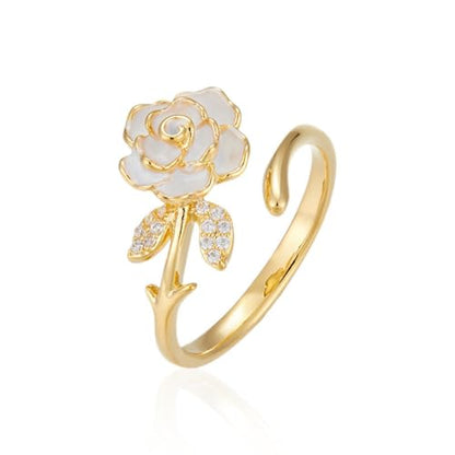 Elegant Cz Camellia Adjustable Open Band Statement Ring for Women Gold Tone Dainty Crystal Enamel Floral Statement Finger Band Rings Wedding Party Fashion Jewelry