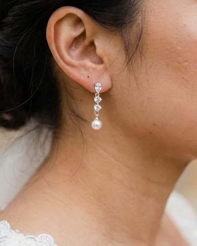 Pearl Earrings - 14K Gold/White Gold/Rose Gold Plated Cubic Zirconia CZ Diaomond Accented Pearl Drop Dangle Earrings for Women Wedding Bridal Prom - color: Silver 3pcs cz