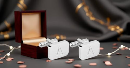 18K White-Gold Plated Initial Engraved Stainless Steel Men’s Cufflinks With Gift Box -Personalized Alphabet Letter’s A-Z By Lux & Pair - style: A- White Gold