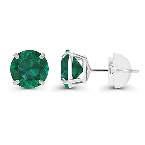 Solid 14K Yellow, White or Rose Gold 4mm Round Genuine Gemstone Birthstone Prong Set Stud Earrings For Women - color: Emerald Created
